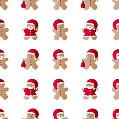 Vector illustration seamless pattern with icons of gingerbread men with gift bag, red Santa Claus' clothes and beard on a white background
