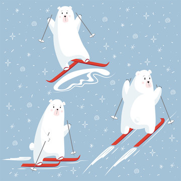 Set of polar bear characters on a skiing