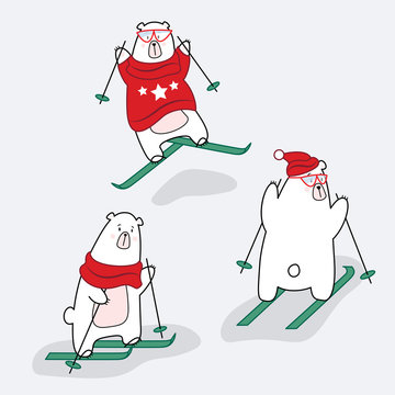 Set of polar bear characters in clothes on a skiing