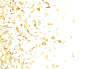 Holiday realistic gold confetti flying on black background.