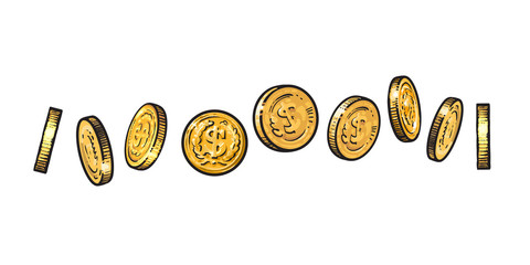 Set of gold coins with dollar symbol in different positions. Sketch of shining metal money at different angles. Hand drawn vector illustration.