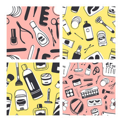 Set of Hand drawn seamless patterns with cosmetics. Vector illustration. Actual background with beauty products. Original doodle style drawing Bath Things. Creative ink art work