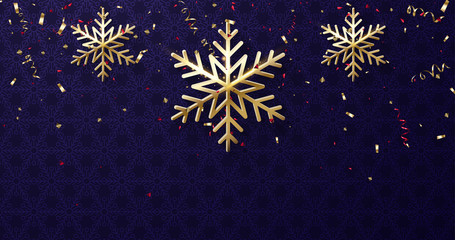 Winter shiny festive poster with golden snowflakes and confetti.