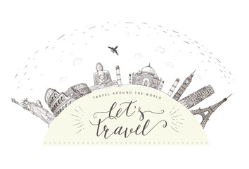 World travel and sights. Tourism banner with hand lettering quote.