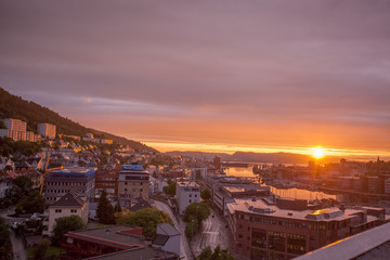 Bergen with colorful sunset in Norway, UNESCO World Heritage Site