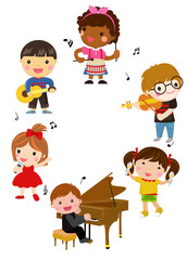 Kids and banners,Illustration of Kids Playing Different Musical Instruments