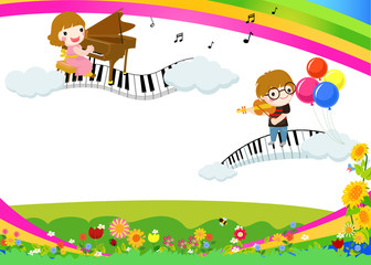 Kids and banners,Illustration of Kids Playing Different Musical Instruments