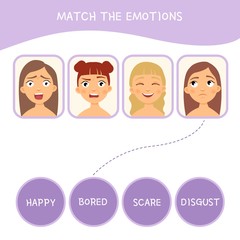 Matching children educational game. Match parts of girls and emotions. Activity for pre shool years kids and toddlers.