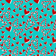 Christmas seamless pattern with candy cane and hearts .Holiday decoration perfect for wallpaper, posrcard, holiday packing, greeting.
