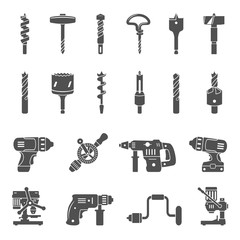 Black Icons - Different types of drills and drill bits - obrazy, fototapety, plakaty