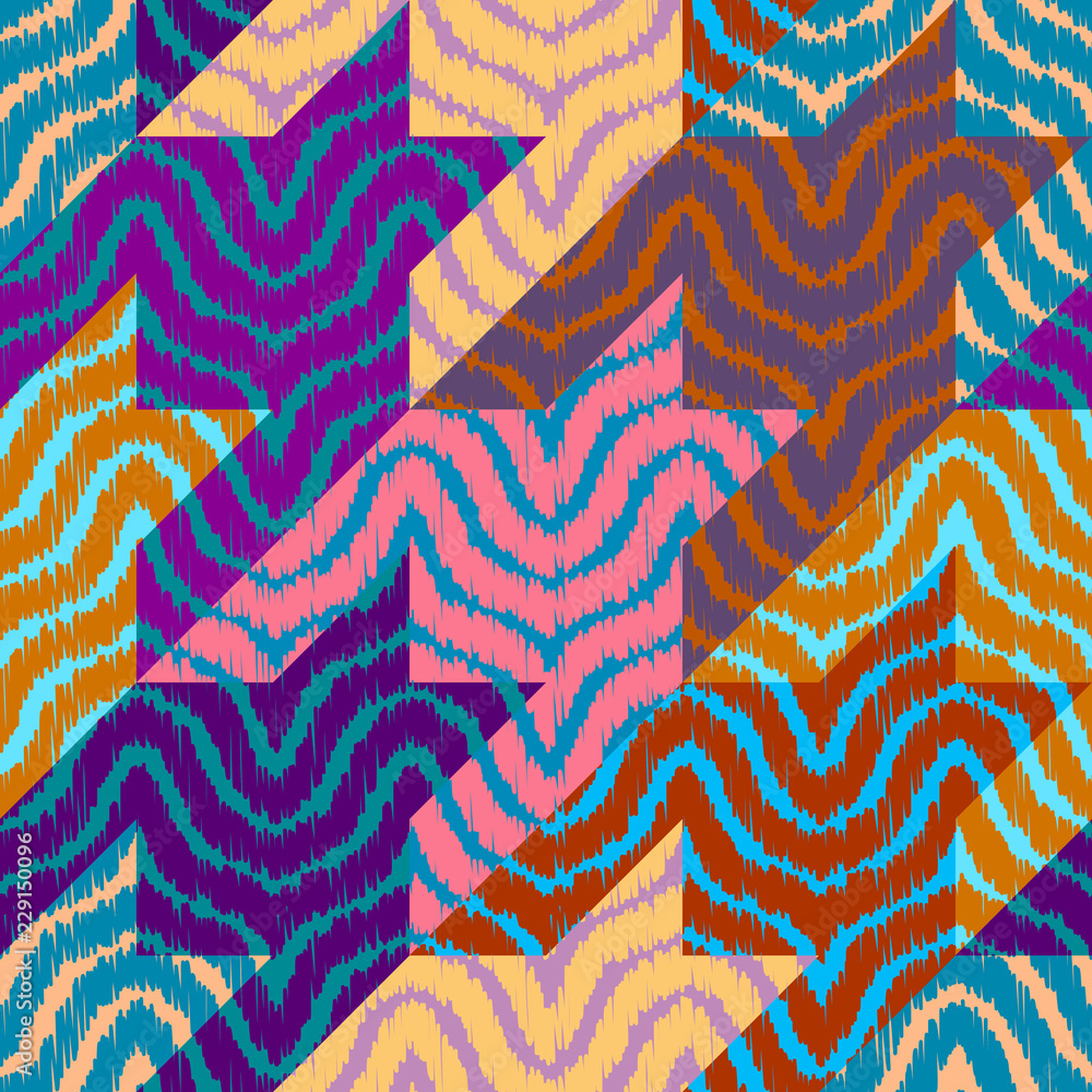 Poster ethnic boho seamless pattern based on ikat style. patchwork pattern. tribal art print. vector image.
