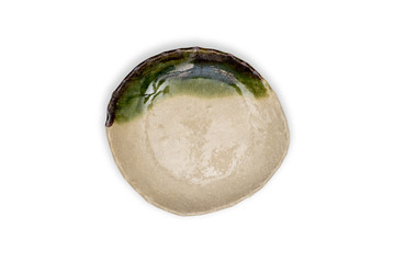 Top view-Empty green ceramic round dish plate isolated on white background