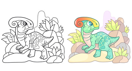 cartoon, small, cute dinosaur parasaurolophus, funny illustration

