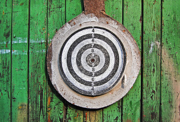 Wood planks with shooting target, green texture, wooden background, fence, green