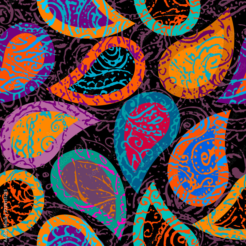 Poster seamless background pattern. grunge paisley pattern in collage patchwork style. ethnic indian style.