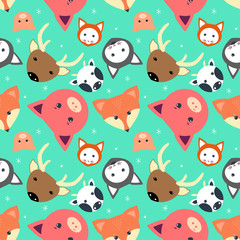 Animal seamless pattern with cow, fox. cat. dear, pig in flat design