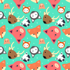 Fototapeta premium Animal seamless pattern with cow, fox. cat. dear, pig in flat design