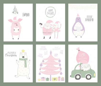 Set of Christmas cards with cute funny cartoon Santa Claus, polar bear, penguin, snowman, tree, car, typography. Hand drawn vector illustration. Flat style design. Concept for print, holiday season.