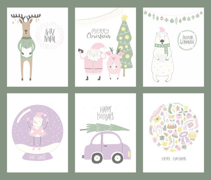 Set of Christmas cards with cute funny cartoon Santa Claus, polar bear, pig, deer, snowman, snow globe, tree, car, typography. Hand drawn vector illustration. Flat style design. Concept for print.
