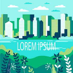 City landscape flat. Design urban illustration vector in simple minimal geometric  style with buildings, lake flowers and trees abstract background for header images for websites, banners, covers