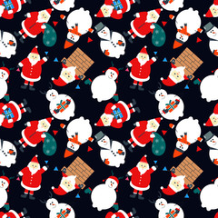 Christmas seamless pattern with snowman and Santa Claus