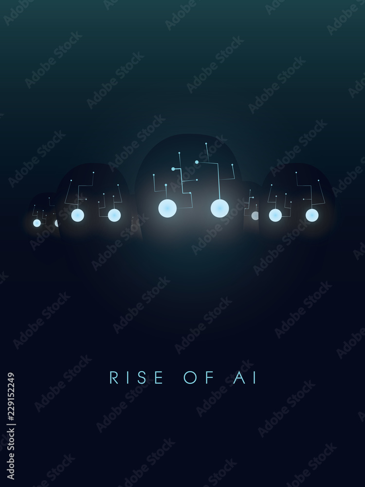 Poster artificial intelligence concept with robot faces and eyes glow in the dark. symbol of future, techno