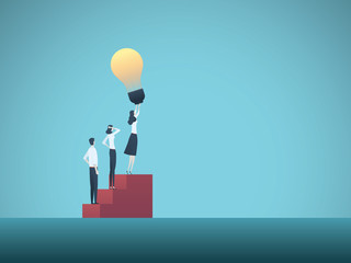 Business creativity vector illustration concept with business woman and lightbulb. Symbol of creative ideas, solutions, innovation, invention and success.