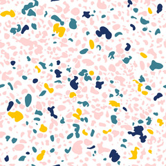 Terrazzo floor marble seamless pattern.Pink,yellow,green and white palette.Traditional venetian material.Granite and quartz rocks mixed on polished surface.Vector background for architecture designs