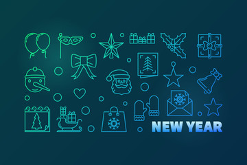 New Year colorful horizontal illustration - vector line banner