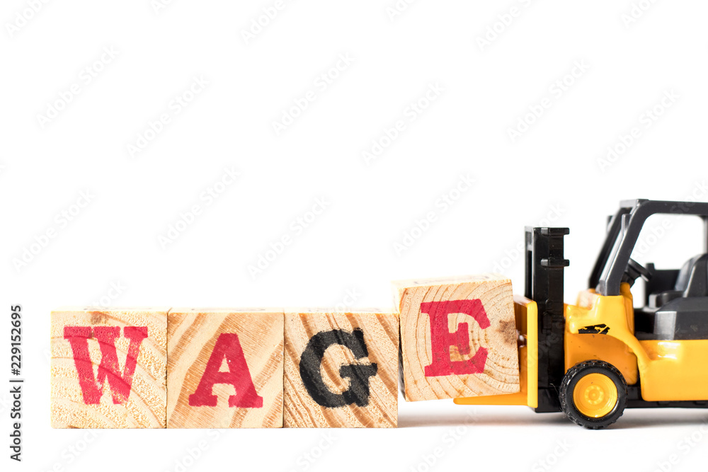 Sticker Toy forklift hold wood letter block e in word wage on white background