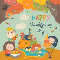 Cartoon children harvesting in autumn garden. Happy Thanksgiving Day