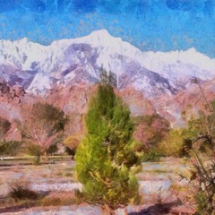 Hand drawing watercolor art on canvas. Artistic big print. Original modern painting. Acrylic dry brush background. Beautiful snowing mountain travel landscape. Winter wild nature view. Skiing resort