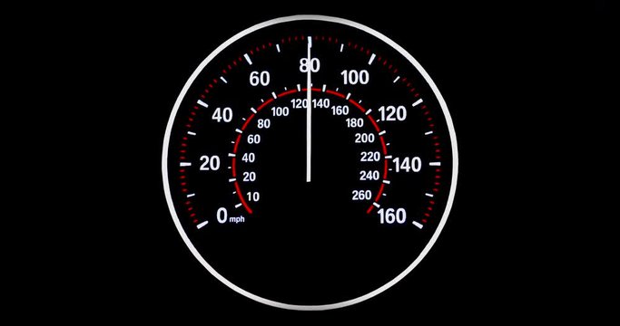 Speedometer going to max speed through the gears and limiting at 160mph - white and red.