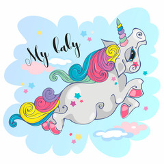 Magic unicorn.My baby. Fairy pony. Rainbow mane. Cartoon-style. Vector.