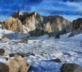 Hand drawing watercolor art on canvas. Artistic big print. Original modern painting. Acrylic dry brush background. Beautiful snowing mountain travel landscape. Winter wild nature view. Skiing resort