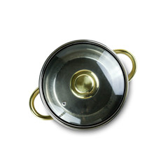Metal casserole top view. Close up. Isolated on white background