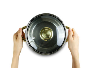 Metal casserole top view. Close up. Isolated on white background