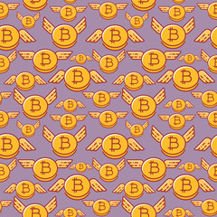 Bitcoins with wings, seamless vector pattern, flat line design style