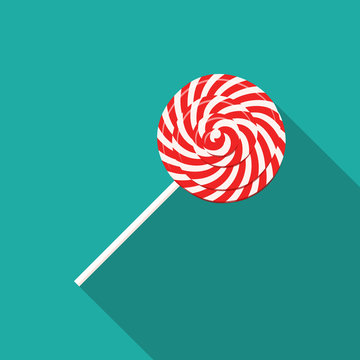 Red and white swirl lollipop icon with long shadow. Christmas, new year, winter holidays card, poster, banner, clothes print. Vector illustration, flat design style sweet on turquoise background.