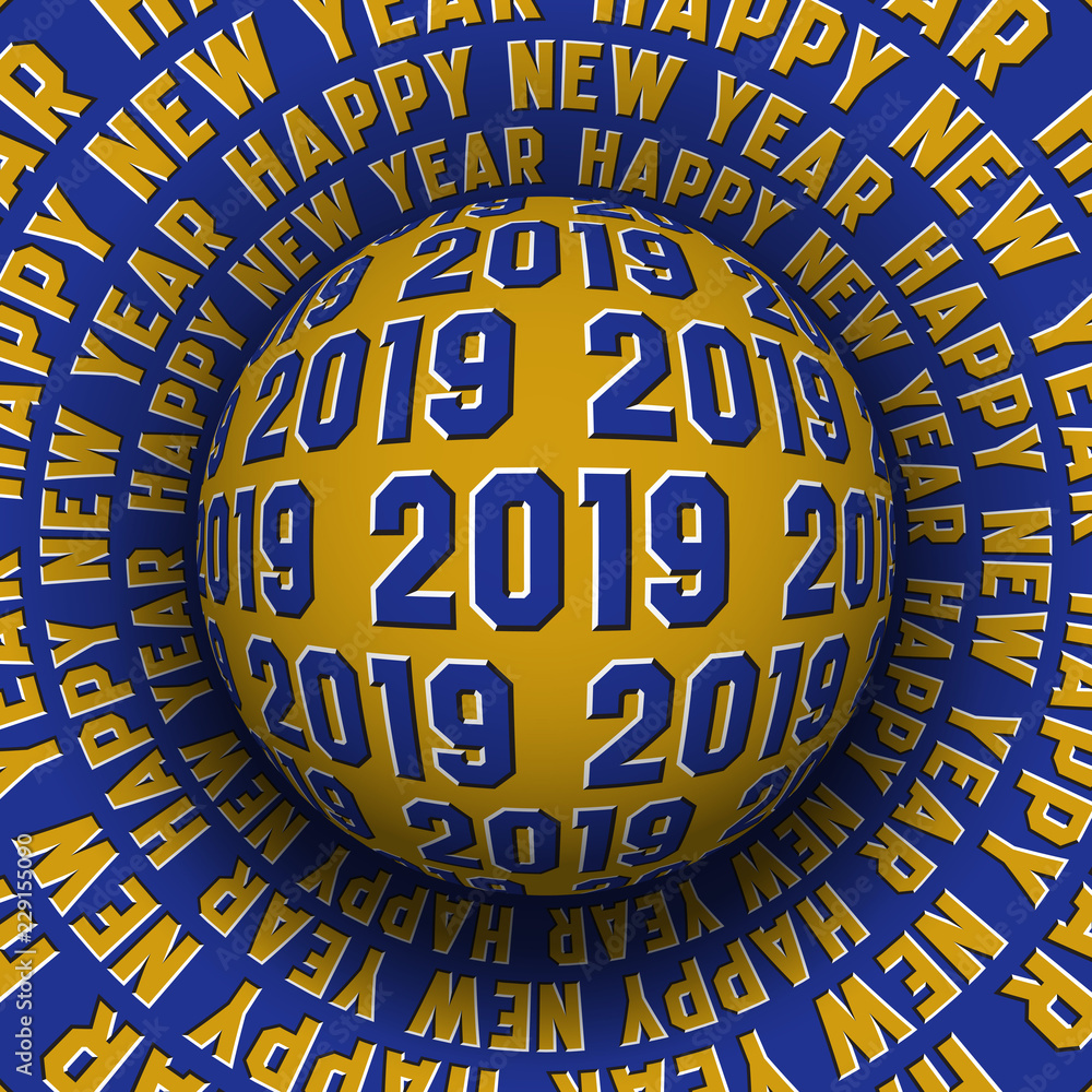 Aufkleber 2019 happy new year optical illusion greeting card. patterned sphere rolling on rotating surface.