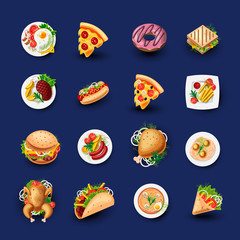 Set of Fast Food Icons. Junk Food Vector Illustration - Pizza, Donut, Burger, Taco, Chicken and other Fast Food Objects. Cartoon Style Objects of Junk Food, Colorful Appetizing Set for Street Lunch.