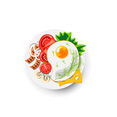 Icon Fried Eggs for Breakfast. Vector Icon Healthy Food in Cartoon Style. Illustration of Appetizing Egg with Vegetables on Plate. Concept of Full Meal for Breakfast. Icon of Hot Scrambled Eggs.