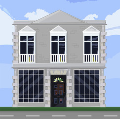 White house facade architecture Vector. Store or boutique front with big windows. Shop facade. Office rentals. Vector detailed illustrations
