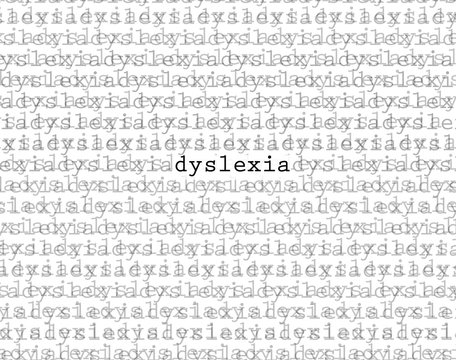 Dyslexia, only clear word in a mass of other words and letters.  Condition that makes reading and writing difficult