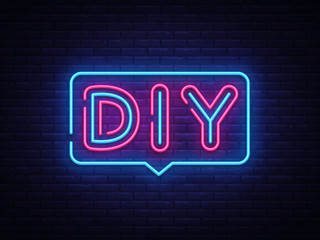 DIY letters Neon Text Vector. Do It Yourself neon sign, design template, modern trend design, night neon signboard, night bright advertising, light banner, light art. Vector illustration