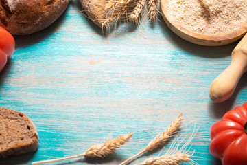 Rustic food background with fresh homemade bread