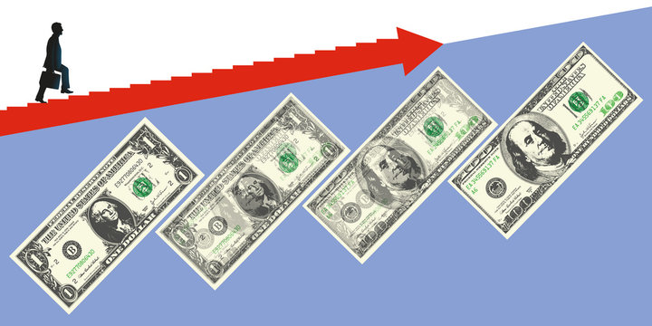 Concept de la réussite avec le développement du business, symbolisé par un billet de 1 dollar se transformant en billet de 100 dollars.