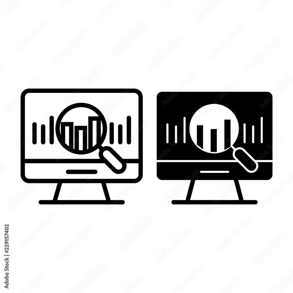 Poster search chart line and glyph icon. computer with magnifying glass vector illustration isolated on whi