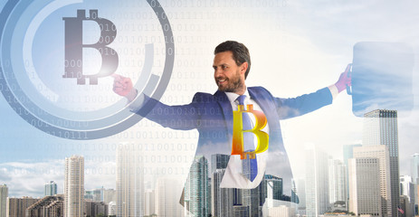 Calculate bitcoin mining profitability. Businessman interact digital surface crypto currency...