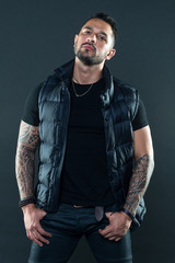 Tattoos great way express masculinity and manliness. Bearded man posing with tattoos. Masculinity...
